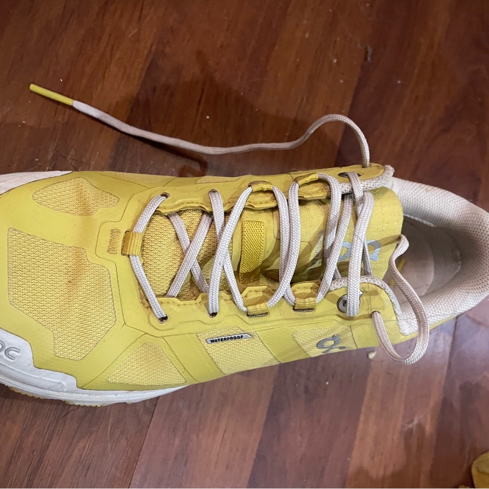 On hiking shoes. Worn once size 7. Dirty on the bottomed but no wear and tear.